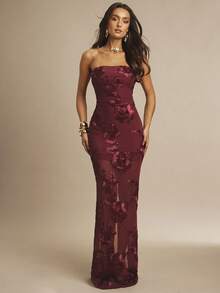 Silquee 3D 花卉性感紧身吊带连衣裙 - 酒紅色 - 查看 4