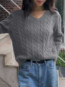 DAZY 女士V领长袖扭纹针织商务休闲毛衣，秋冬