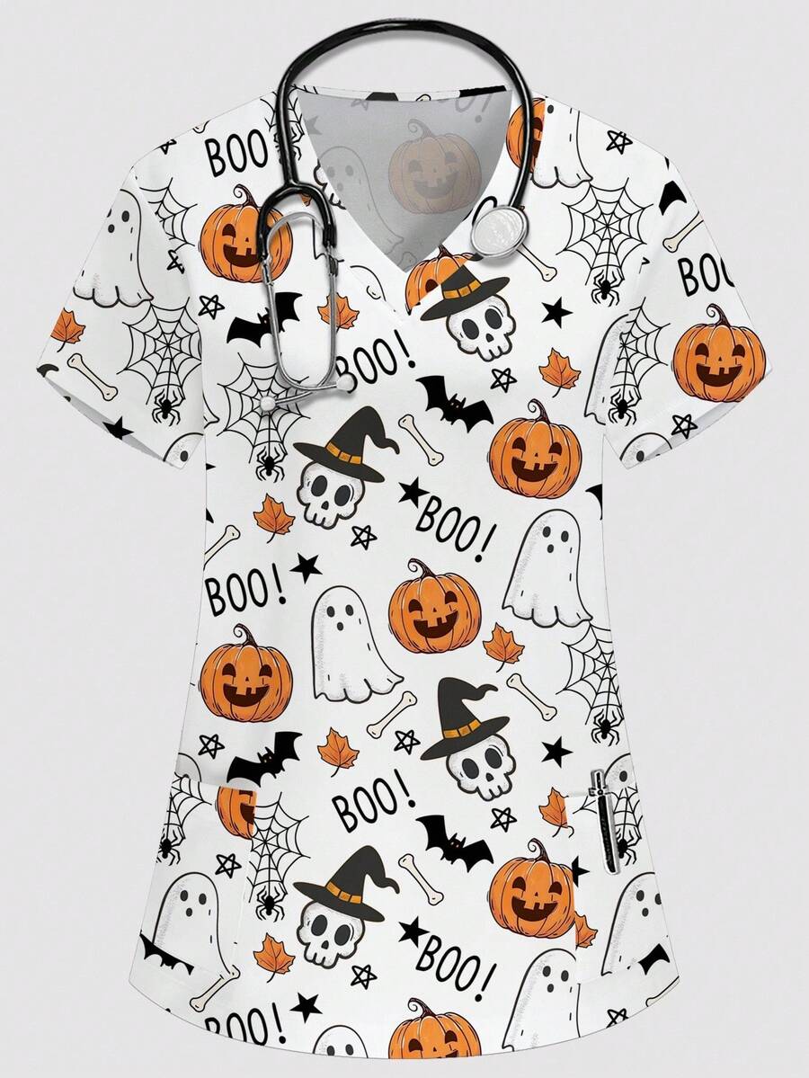PopScrub Halloween V-Neck Short Sleeve Double Pocket Cute Halloween Pumpkin, Ghost, Witch, Spider, Bat, Pumpkin Lantern Nurse/Doctor Uniform Top/Health Check Surgery Uniform/Solid Color Pet Grooming Uniform Top/Nutritionist Workwear Short Sleeve/Lab Coat With Multi-Pockets Functional Workwear