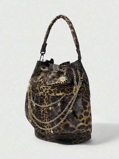 Fairycore 1pc Vintage Leopard Print Bucket Bag, Star Chain Decor Retro Shoulder Bag For Women,