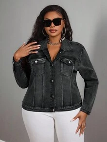 SHEIN SXY Áo khoác denim dài tay màu trơn cỡ lớn dành cho nữ, kiểu dáng thường ngày, thích hợp cho mùa đông. - màu đen - Xem 8