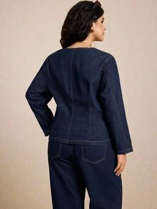 Elaquor Áo khoác denim xanh đậm cỡ lớn, tay dài, eo có cúc kim loại hình hoa hồng, phù hợp mặc theo phong cách Pháp thanh lịch trong mùa thu cho nữ - Rửa tối - Xem 2