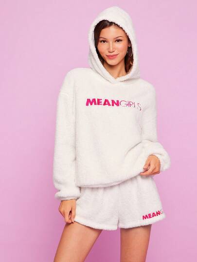 Mean Girls | SHEIN 2 件女式字母刺绣羊毛运动衫和短裤套装，秋冬毛绒休闲套装 2 件短套装女士舒适套装