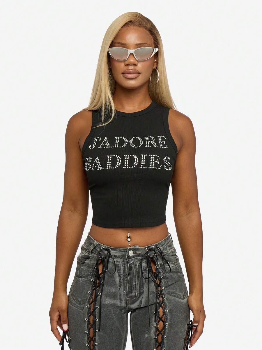 SUMWON WOMEN Áo ba lỗ không tay Rhinestone Baddies Crop màu đen đính đá nổi bật - màu đen - Xem 1