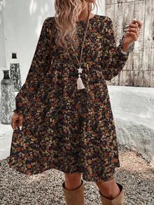 EMERY ROSE 女式复古花卉和枫叶印花圆领荷叶边袖子和下摆短款连衣裙，秋冬 - 彩色 - 查看 5