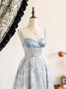 Vintamour Vintage Elegant Women's Dress Floral Jacquard Textured Satin Patchwork Faux Pearl Embroidered Dress Holiday Party Gown - Baby Blue - View 2