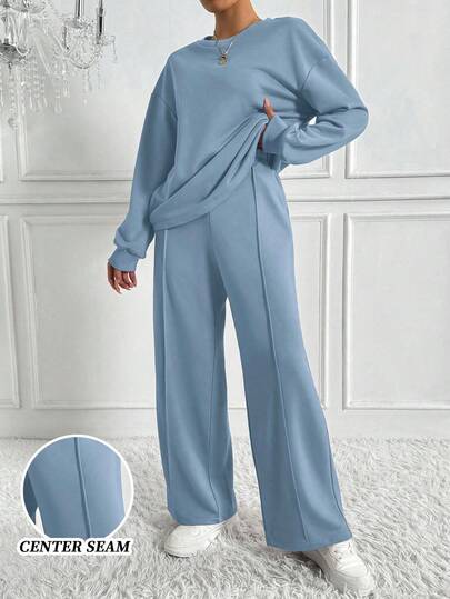 Chiquease Women's Solid Color Round Neck Drop Shoulder Long Sleeve Sweatshirt And Wide Leg Pants Casual Loose 2 Pieces Set, Autumn Two Piece Set Women Comfy Blue Sets For Women
