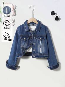 Denimly Girls Casual Daily Urban Street Personalized Distressed Hem Decor Open Front Simple Comfortable Washed Denim Boxy Jacket Fall Winter - Dark Wash - View 1