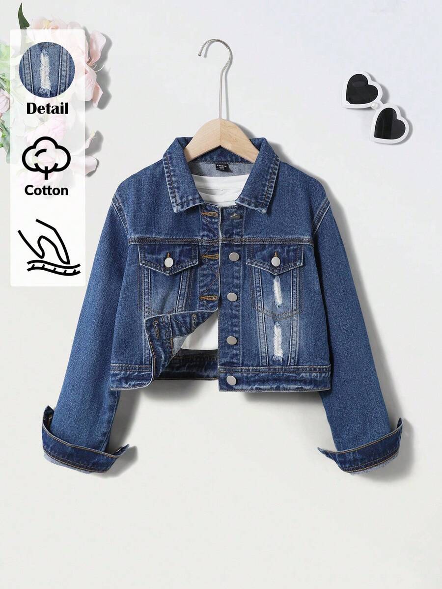 Denimly Girls Casual Daily Urban Street Personalized Distressed Hem Decor Open Front Simple Comfortable Washed Denim Boxy Jacket Fall Winter - Dark Wash - View 1