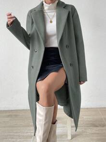 SHEIN x Carly Lawrence RosyDaze 女士秋冬时尚纯色双排扣大衣 - 橄欖綠 - 查看 1