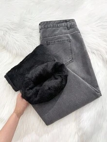 SHEIN Spodnie jeansowe dla nastolatek w kolorze szarym, z podszewką termiczną i luźnym krojem, ciepłe ubrania na jesień/zimę, codzienne jeansy z wysokim stanem, uniwersalne jeansy z szerokimi nogawkami Y2k, stroje nauczycielskie dla dziewcząt, stroje do szkoły dla dziewcząt, sukienki do kościoła, biznesowe, casualowe stroje dla dziewcząt, jeansowa sukienka cargo, luźne spodnie dla dziewcząt na jesień i zimę, jeansy z wysokim stanem i długimi szerokimi nogawkami dla nastolatek, styl uliczny