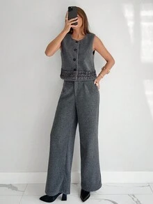 Siren Gaze 女士单排扣马甲裤套装，秋冬款 - 灰色 - 查看 4