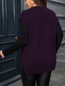 Calvaya Plus Size Casual Solid Color Side Slit Knit Vest, Autumn/Winter - Purple - View 2