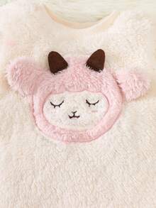 3pcs Baby Girls' Cartoon Sheep Embroidery Pajama Set With Hats,White And Pink,Autumn,Cute,Lounge Fleece Long Sleeve Winter Pajamas,9M-3Y Newborn Girl - Pink - View 7