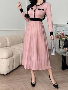DAZY 女士优雅圆领纽扣腰针织毛衣连衣裙（配领带），秋冬 - 粉色 - 查看 4