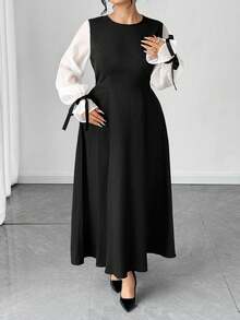 Elenzga Christmas Plus Size Color Block Lace-Up Midi Dress, Suitable For Daily Commute, Party And Other Occasions - Embrace Your Inner Shadow Dark Feminine Fashion