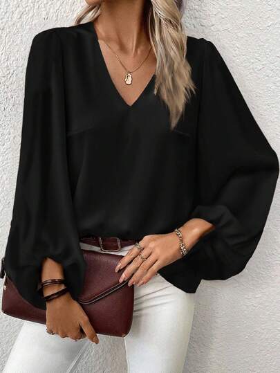 EMERY ROSE Blusa elegante de cuello en V negro con mangas de obispo para uso diario para mujer de talla grande