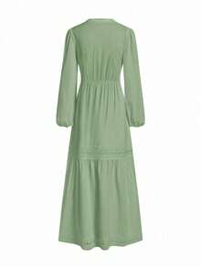 Ellevyn Women's Woven Jacquard Texture Spring Style Deep V-Neck Solid Color Ruffle Hem Lace Trim Summer Dress - Mint Green - View 5