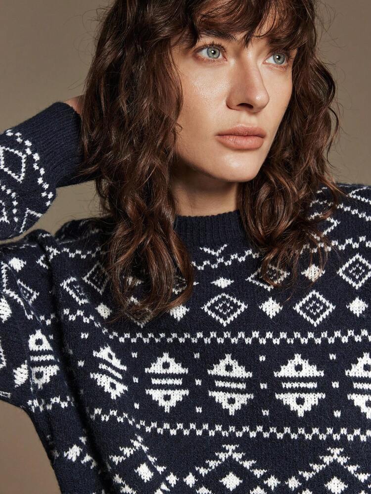 2025 Women's Sweater,Black N White,Autumn,Casual,Occasion,Vintage Jacquard Knit Pullover,Navy Blue Round Neck Long Sleeve Loose Fit Office Wear