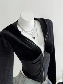 SHEIN Unity Áo khoác nhung trùm đầu eo bó sát tay dài cho nữ, Thu/Đông - màu đen - Xem 3