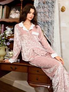 Côtesoire 法式优雅天鹅绒披肩领迷人粉彩色系女士睡衣套装两件套，秋冬服装 - 粉色 - 查看 5