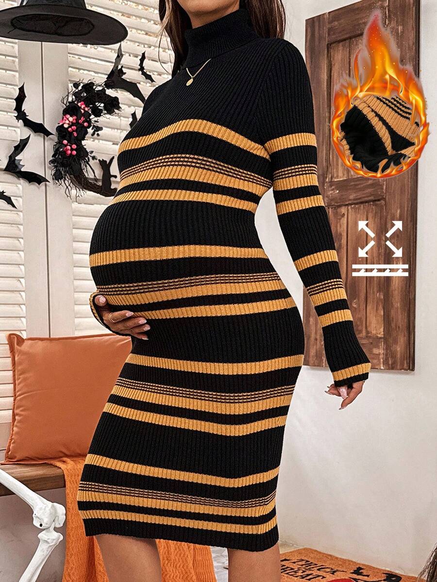 SHEIN Váy len ôm dáng dài tay cổ lọ kẻ sọc cho bà bầu - Nhiều màu - Xem 1