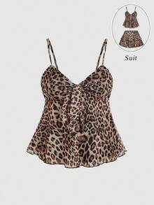 SHEIN MOD Women's Spaghetti Strap Leopard Print Ruffle Hem Tie Front Camisole, Leopard Top,Fall For Women,Halloween Costumes ,Party ,Going Out Tops,Country Concert ,Cheetah Print Top,Leopard Print Top