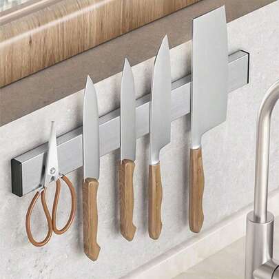 1 Giá đựng dao nhà bếp (Không cần khoan, kèm keo dán không cần đinh, phân biệt mặt trước và mặt sau khi lắp đặt, nam châm một mặt) Thép không gỉ 304, giá đựng dao đơn giản gắn tường. Dùng để cất giữ dao nhà bếp. Giá đựng dao, phụ kiện nhà bếp hữu ích cho Halloween và Giáng sinh.