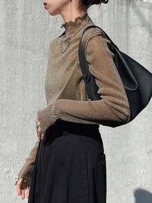 FRIFUL 女式网眼高领透明衬衫，夏季长袖上衣 - 橄欖綠 - 查看 4