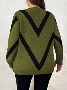 Elenzga 大码女式休闲时尚修身圆领长袖提花针织套头衫，秋冬 - 軍綠色 - 查看 2