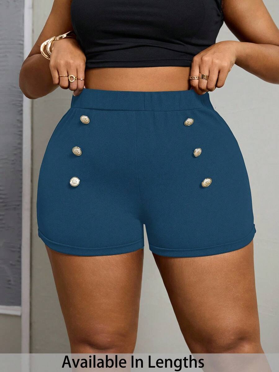 SHEIN PETITE CURVE 大码女式高腰纽扣短裤 - 水鴨藍 - 查看 1