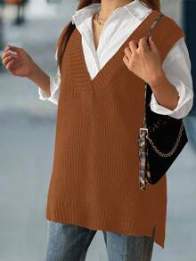 Calvaya 大码休闲宽松V领纯色毛衣背心 - 駝色 - 查看 7