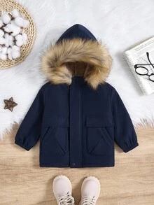 Baby Boy Casual Comfortable Versatile Faux Fur Trim Hooded Jacket, Thermal Lined, Contrast Color Cargo Pockets, Zipper, Mid-Length Winter Coat, Suitable For Home & Outdoor