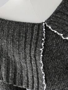 Sweetra 女士优雅时尚圣诞单肩新年翻领喇叭长袖镶钻针织套头衫加大码毛衣，露肩上衣，Y2K风格外出毛衣，春秋冬季 - 深灰色 - 查看 3