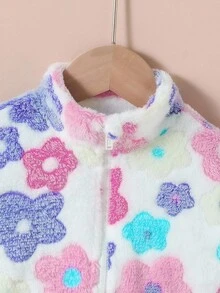 SHEIN 年轻女孩彩色花卉针织蓬松宽松休闲立领夹克，秋冬款(5)，颜色：黑色、蓝色、绿色、蓝色、红色、粉色 - 白色 - 查看 5