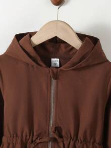 SHEIN Elladie kids 1件女童純色休閒連帽外套，腰部設計，適合秋冬穿著，適用於學校、戶外活動、家庭聚會，保暖舒適，棕色連帽夾棉外套，女童秋冬外套衣 - 棕色 - 查看 4