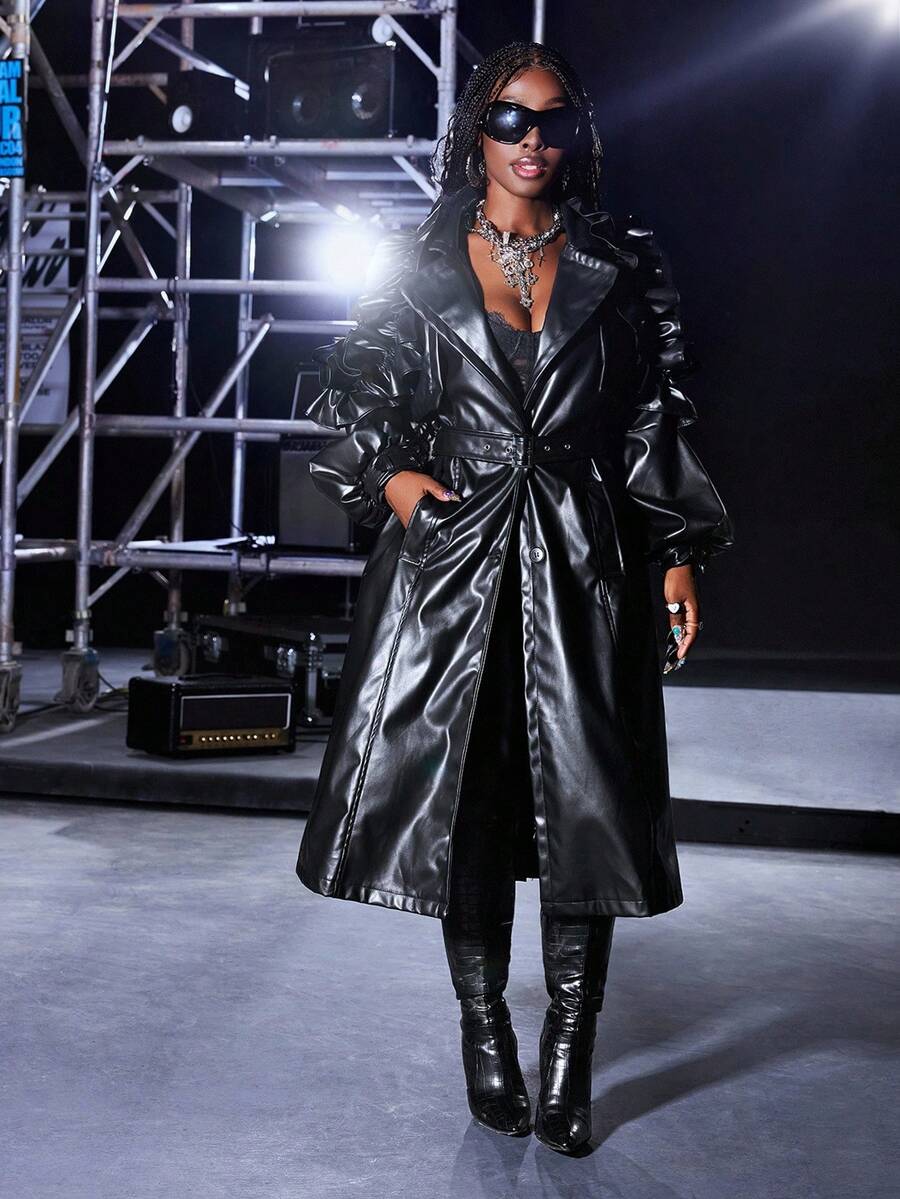 BamGleam Áo khoác dạ tay loe bằng da PU thời trang dành cho nữ - màu đen - Xem 1