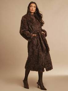 Silquee Women's Solid Color Long Sleeve Long Fluffy Brown Fur Jacket, Loose Fashion Design Clothing Thanksgiving Women's Fur Coat Autumn Women's Clothing Christmas Women's Clothing Homecoming Comfortable Soft Warm Suitable For Parties And Dates With Belt Tie - Brown - View 6