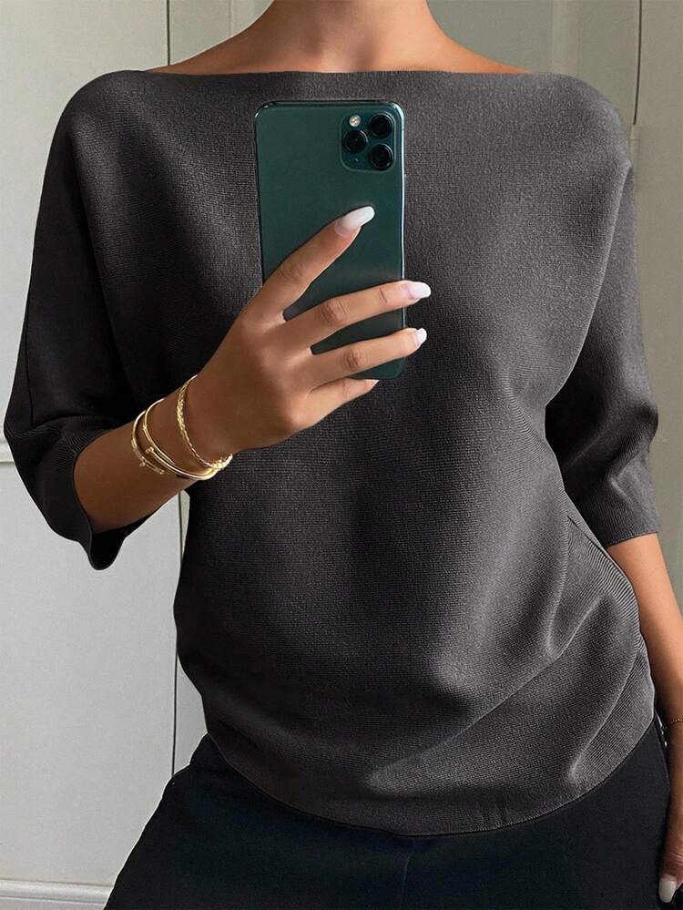 Women's Solid Color Fitted Boat Neck Half Sleeve Casual Elegant Knit Top, Autumn/Winter