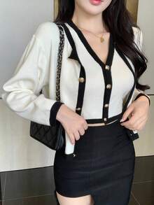 DAZY 2件套女士撞色饰边纽扣前休闲落肩毛衣套装 - 白色 - 查看 5