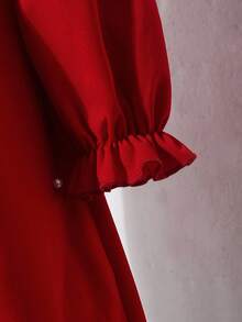 女孩优雅简约时尚淑女立领落肩长袖宽松短款连衣裙，3D 蝴蝶结和珍珠设计，圣诞红 - 紅色 - 查看 5