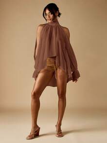 MISSGUIDED 优雅露肩雪纺衬衫高领长款灯笼袖飘逸派对晚会婚礼宾客秋季上衣 - 咖啡棕 - 查看 3