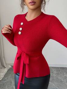 Elenzga 女士优雅浪漫精致圆领仿开衫毛衣，长袖 - 酒紅色 - 查看 7