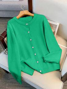 SHEIN LUNE Women's Round Neck Single-Breasted Casual Elegant Plus Size Long Sleeve Cardigan Winter - Green - View 4