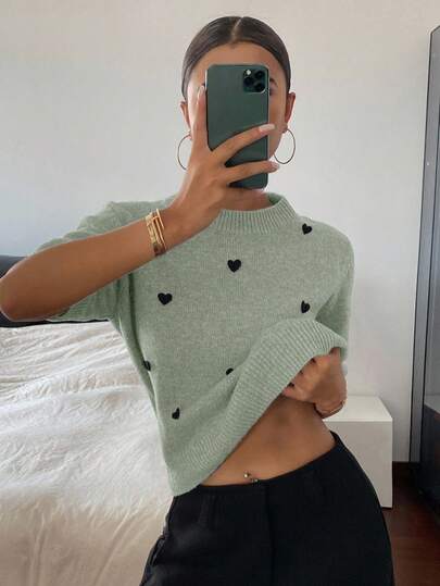 DAZY 心形装饰宽松短袖圆领休闲针织上衣，女款，春秋季