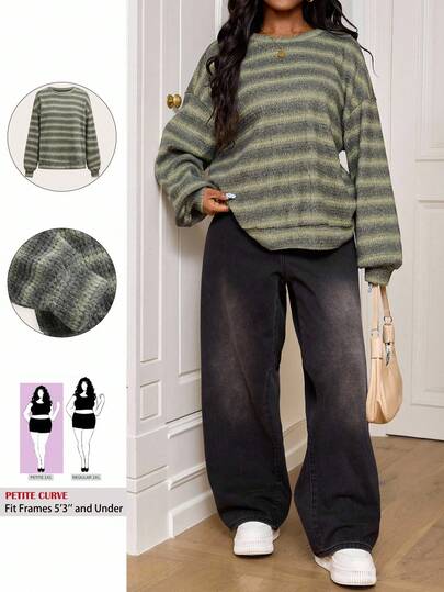 SHEIN PETITE CURVE Plus Size Plus Size Crew Neck Striped Jumper Casual Y2k 90's Stripe Plus Size Airport Outfits Petite Curve Sweater Striped Sweater Green Striped Sweater In Fall/Winter