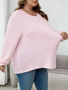 SHEIN CURVE+ 大码户外上衣，大码休闲圆领落肩宽松长袖T恤，秋季大码服装 - 粉色 - 查看 4