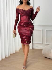 SHEIN Lady Marble Print Off Shoulder Wrap Dress - Burgundy - View 3