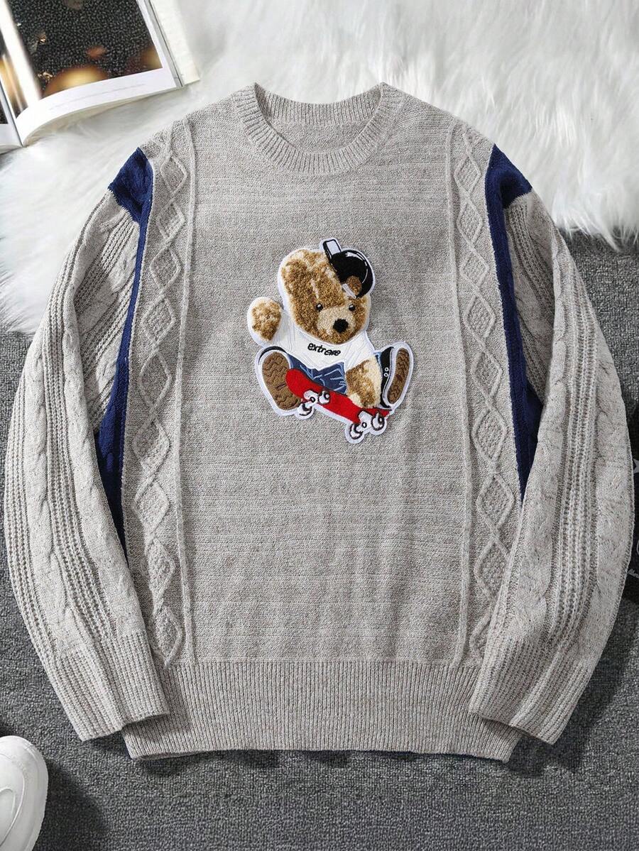 Manfinity Hypemode Men Autumn/Winter New Blogger Stylish Design 3D Colorblock Bear Pattern Cable Knit Pullover Sweater - Multicolor - View 1