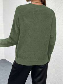 SHEIN Unity Sweater Wanita Kasual Warna Polos Leher Bulat Lengan Kelelawar, Musim Gugur/Dingin - Hijau Tentara - View 2